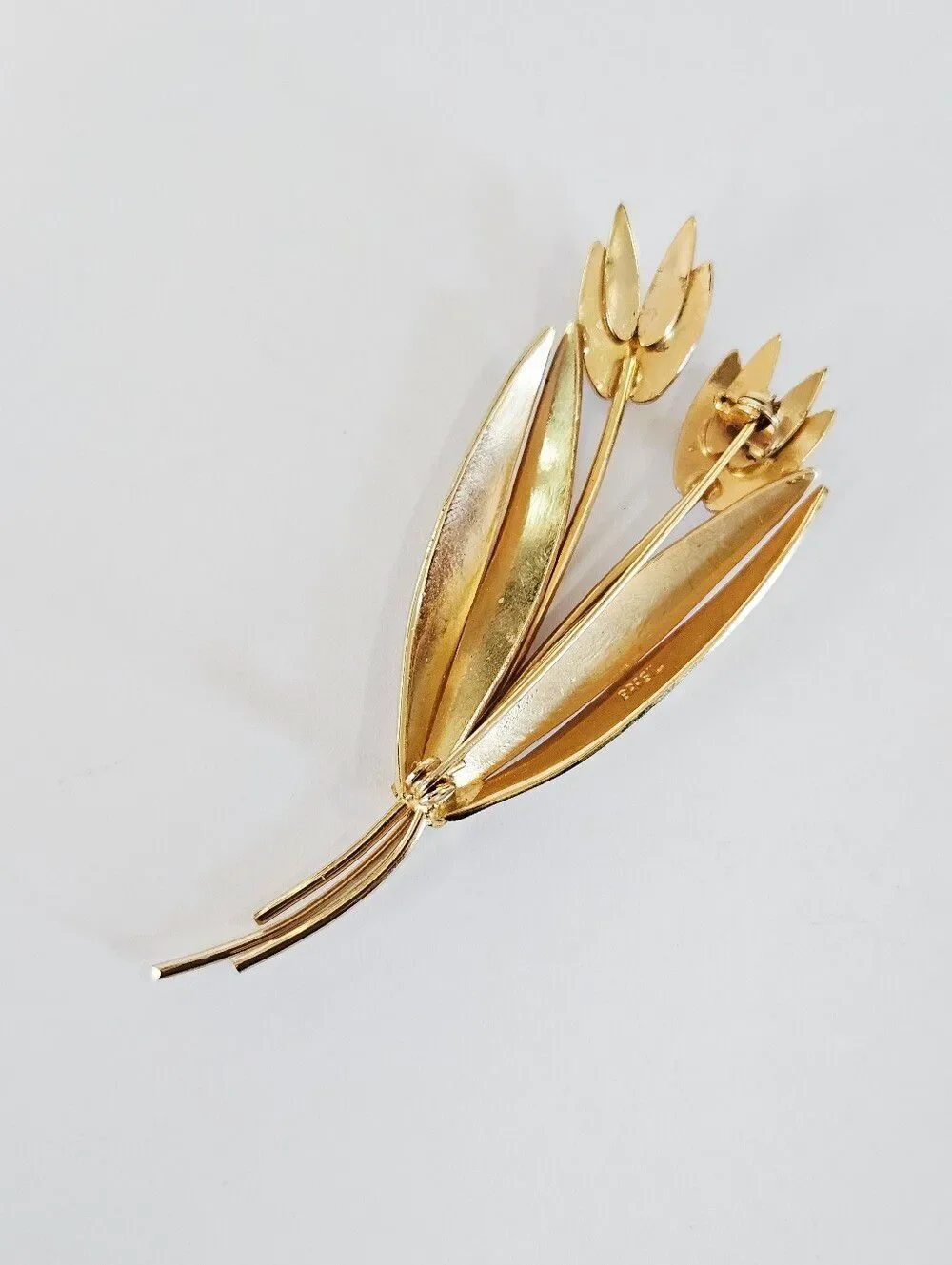 Vintage Signed Brasil Gold Tone Large Floral Sprig Green Stone Accent Brooch Pin
